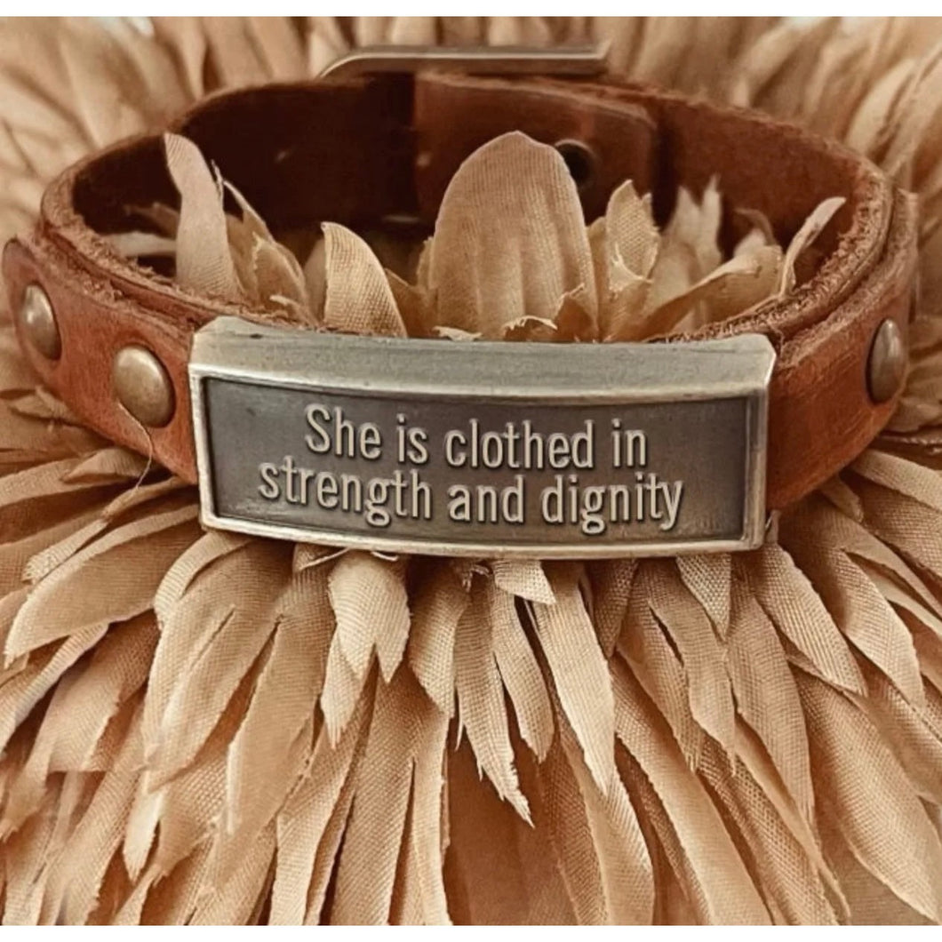 Handmade Leather Bracelet~She Is Clothed In Strength And Dignity