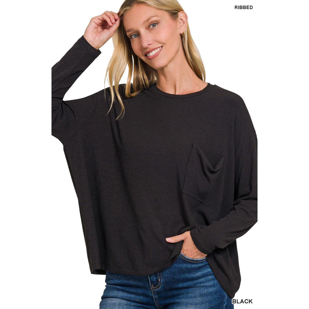 Dolman Sleeve Ribbed Pocket Top~Black