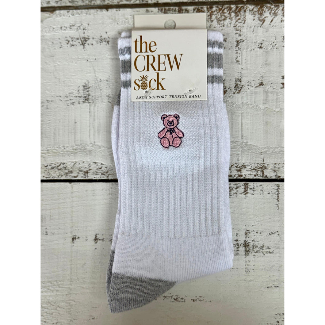 Embroidered Crew Socks~Pink Bear~Simply Southern