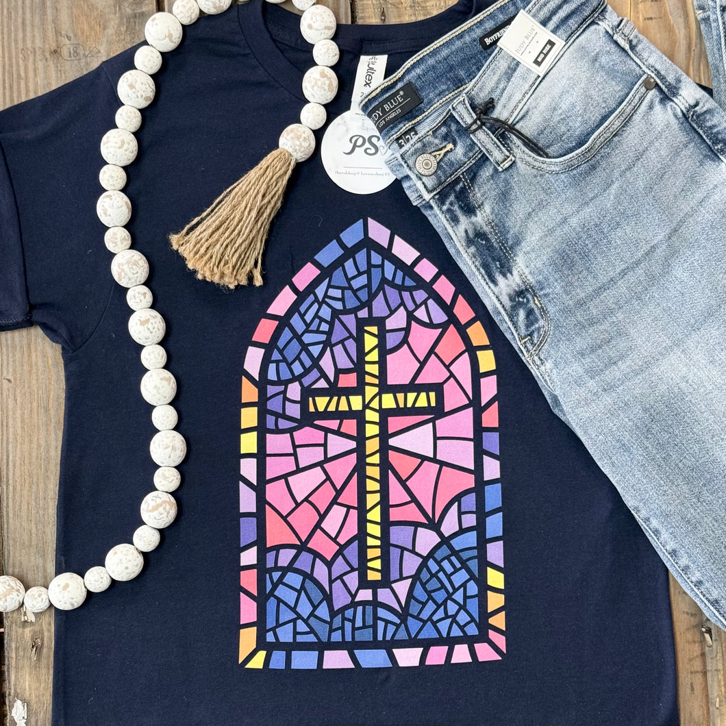 Stained Glass Cross Navy Tee