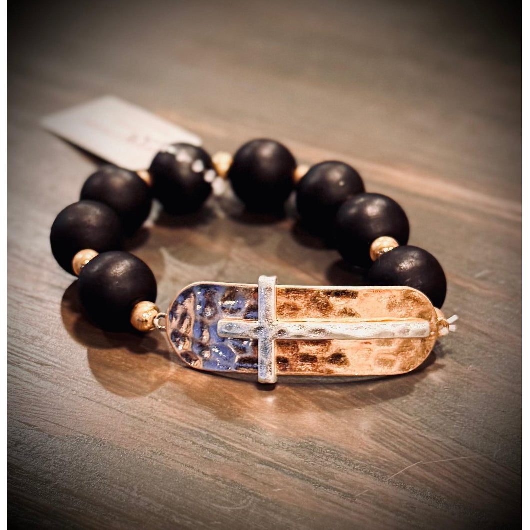 Bracelet Black  Wood Bead Cross