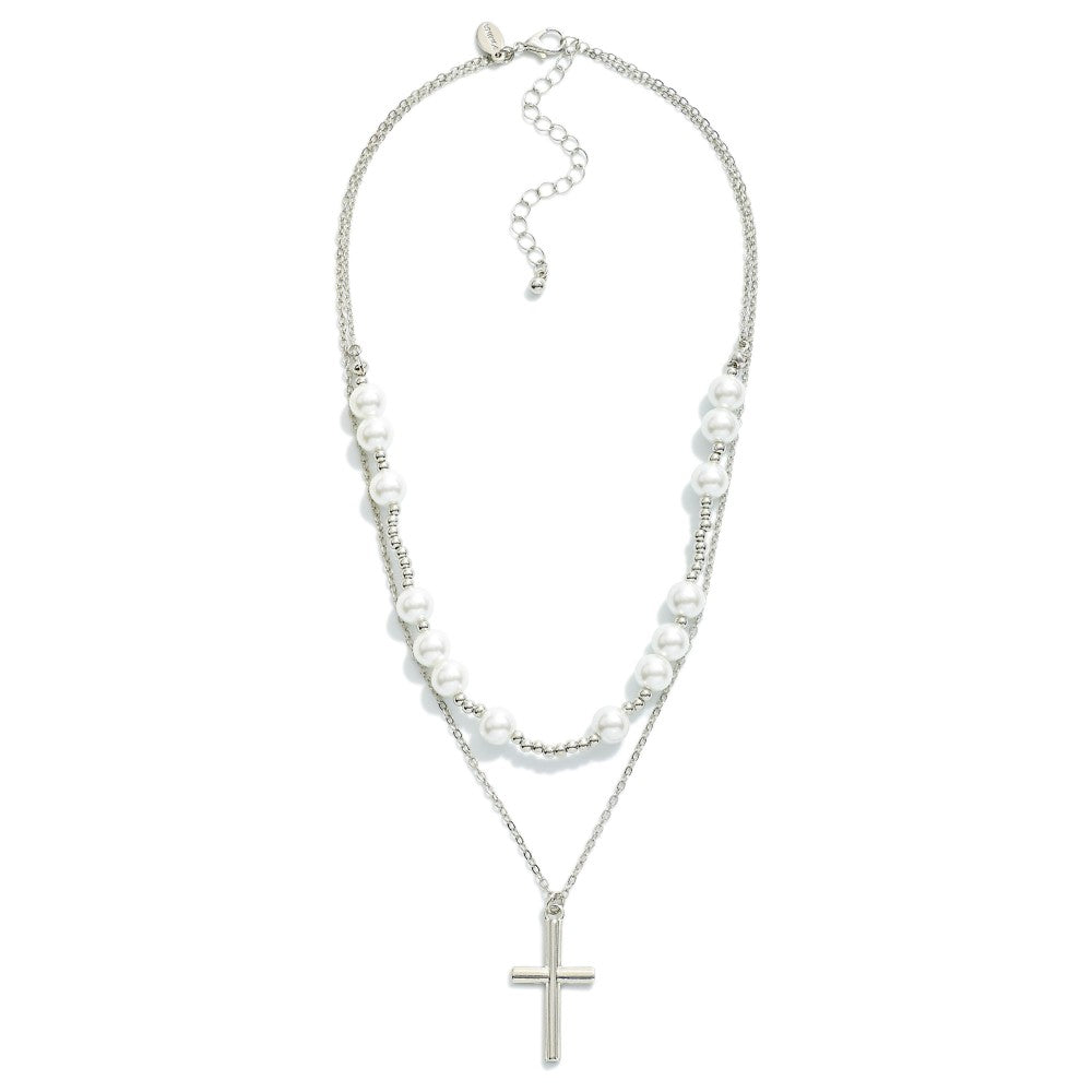 Necklace Layered Cross Pearl Silver Tone