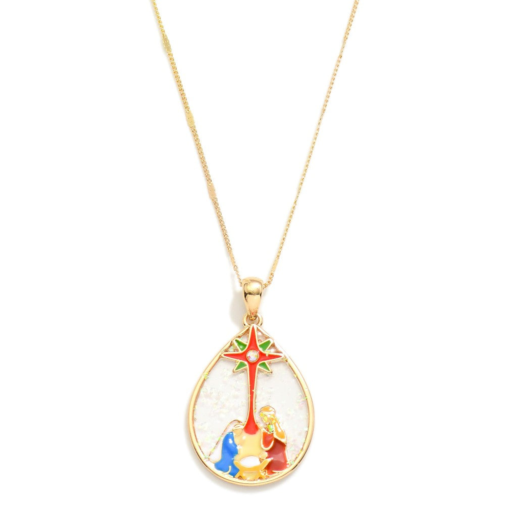 Necklace Stain Glass Nativity  Gold Tone