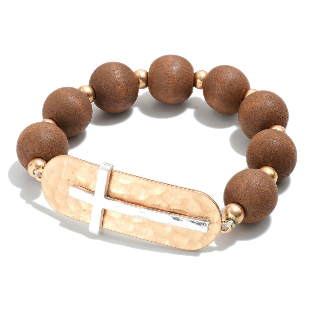 Bracelet Brown Wood Bead Cross