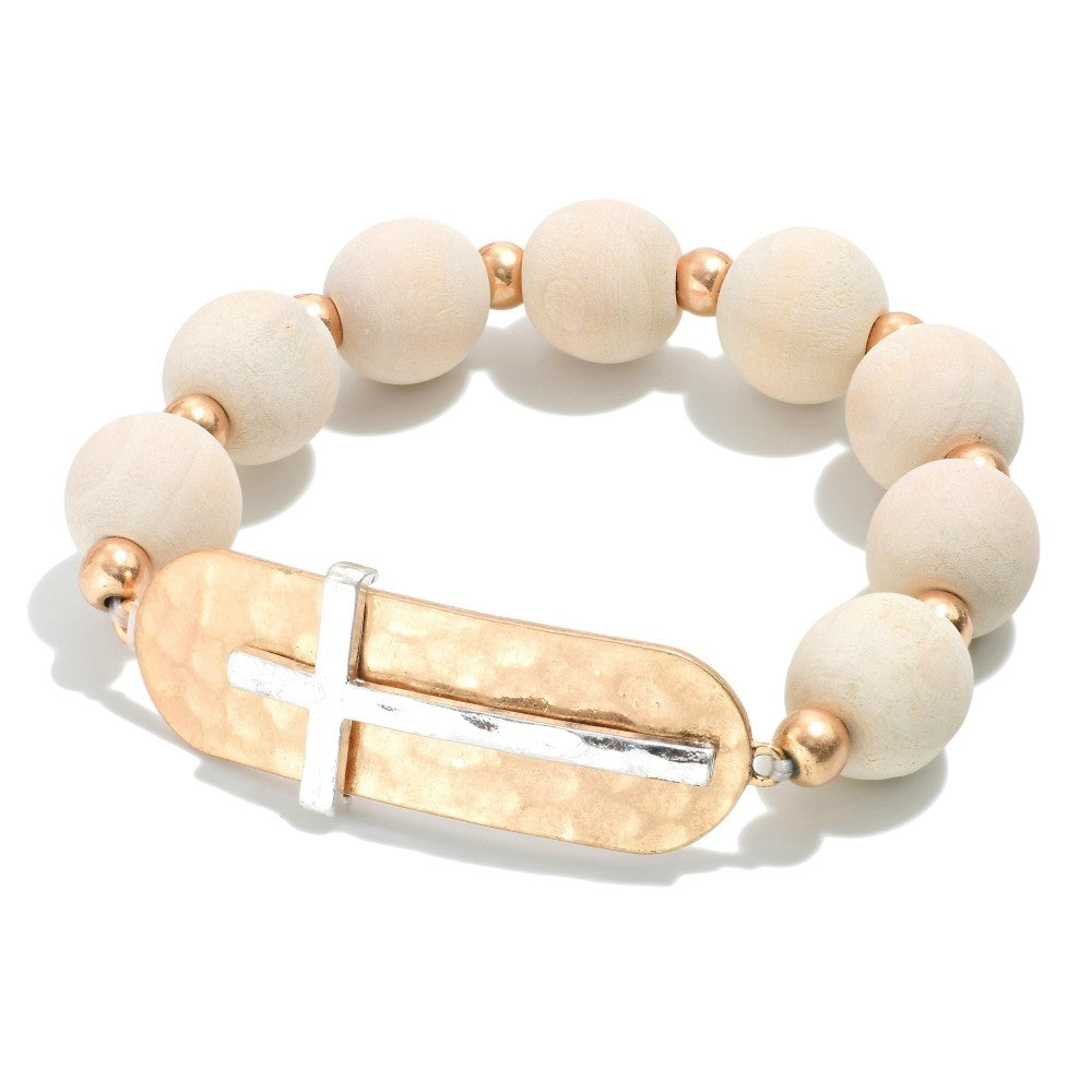 Bracelet Ivory Wood Bead Cross