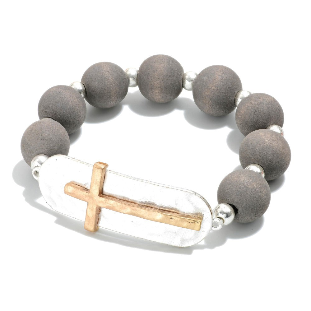 Bracelet Gray Wood Bead Cross