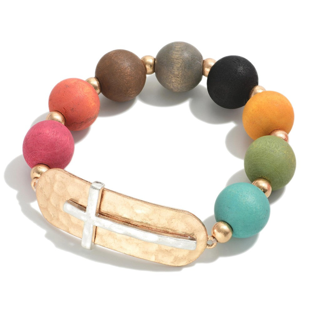 Bracelet Multi Color Wood Bead Cross