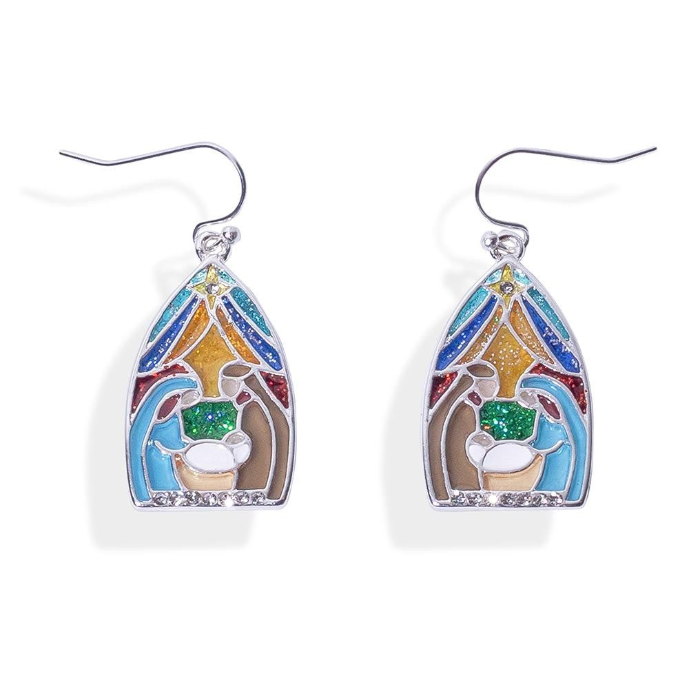 Earrings Nativity Stained Glass Silver Tone
