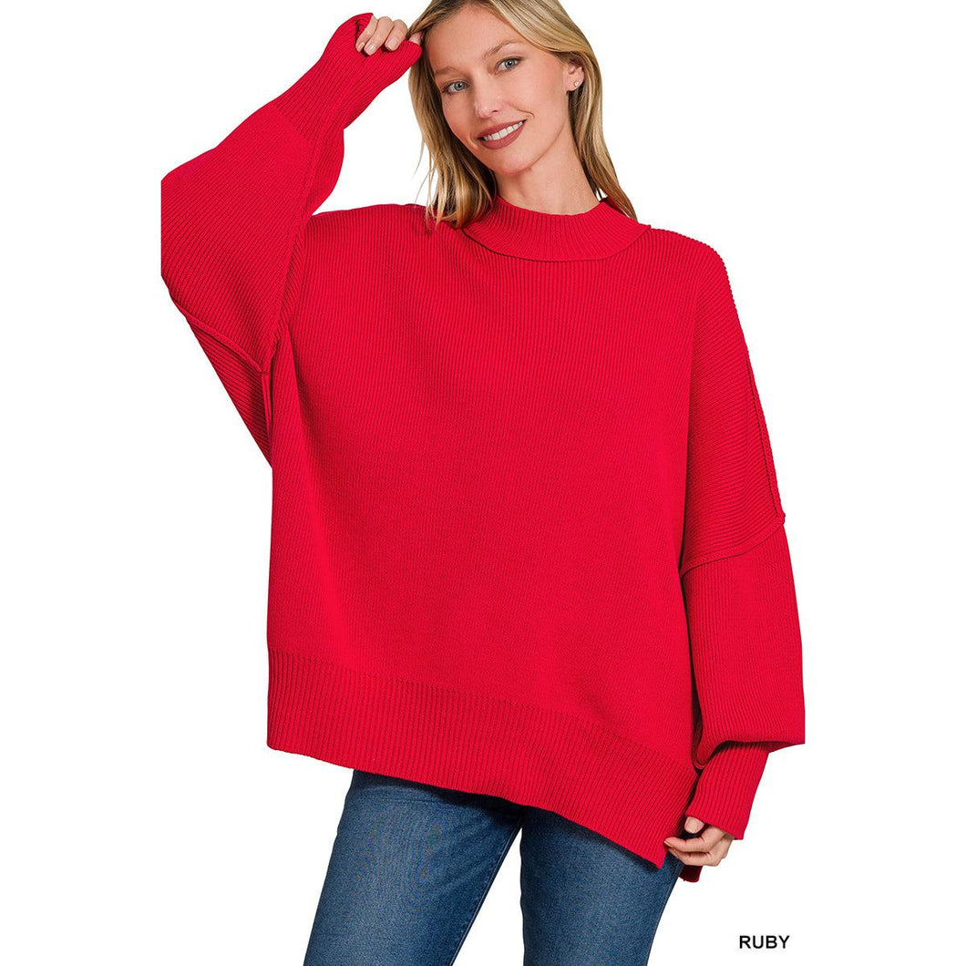 Cozy Oversized Side Slit Sweater~Ruby Red