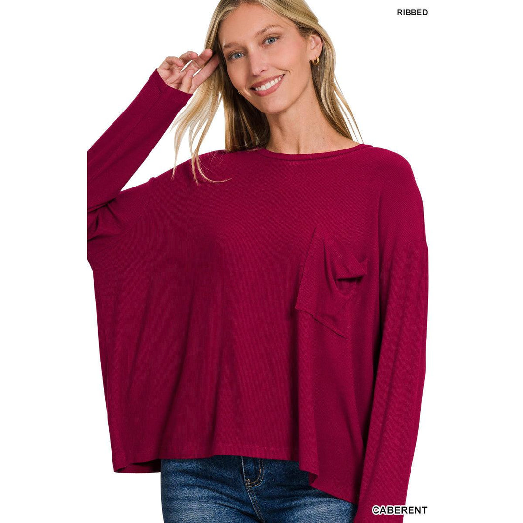 Dolman Sleeve Ribbed Pocket Top~Cabernet